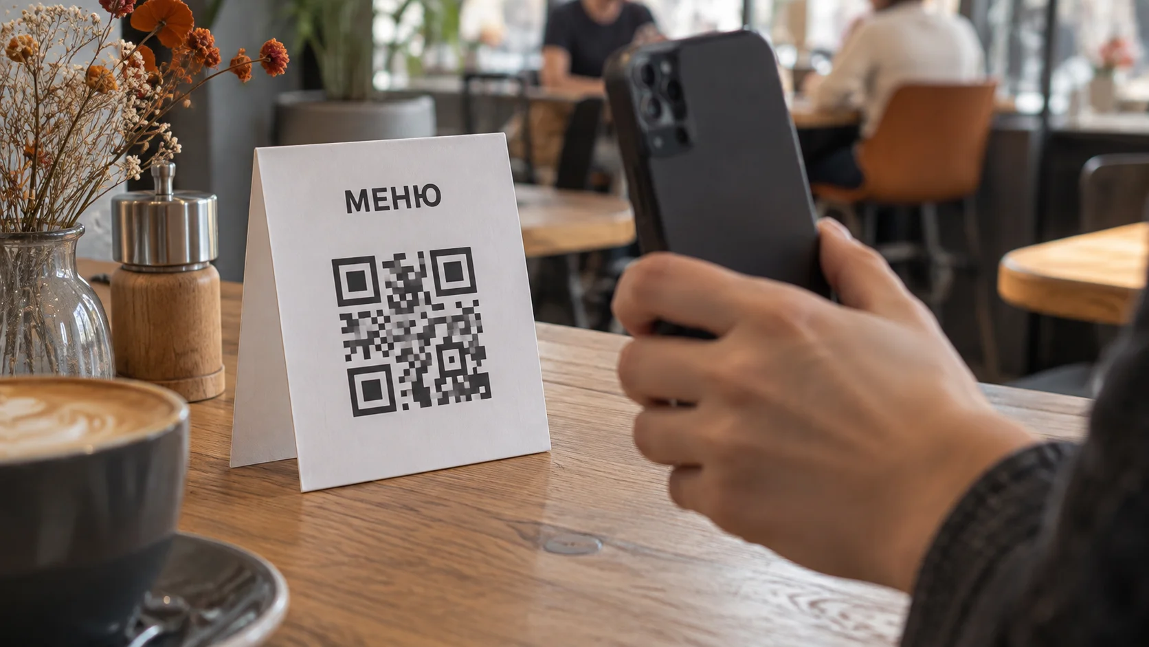 Посетитель кафе сканирует QR-код меню